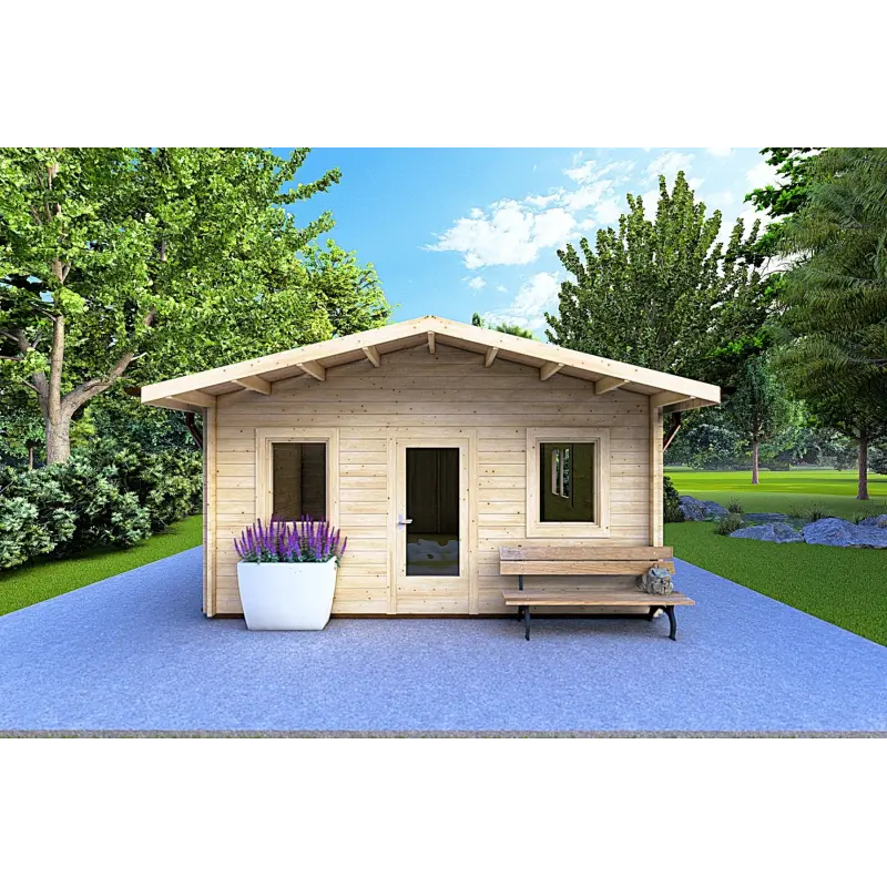Chalet en bois LARA 6x8, 44mm, vue frontale