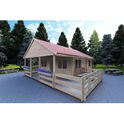 Chalet bois SMERALDA 6x6 avec mezzanine aménageable 14,35 m² et terrasse 17 m², 44mm, façade côté droit
