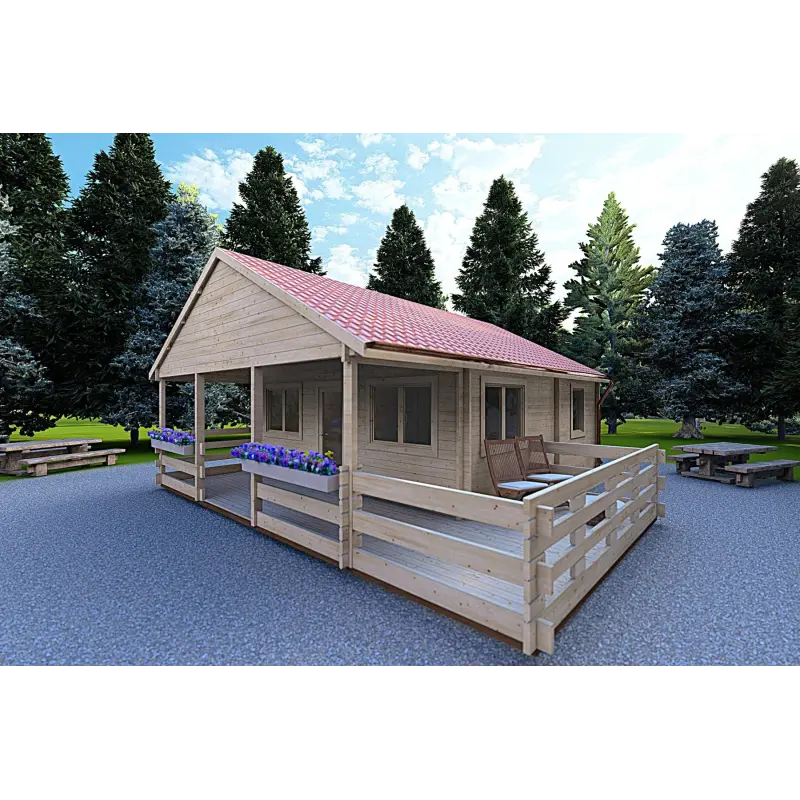 Chalet bois SMERALDA 6x6 avec mezzanine aménageable 14,35 m² et terrasse 17 m², 44mm, façade côté droit