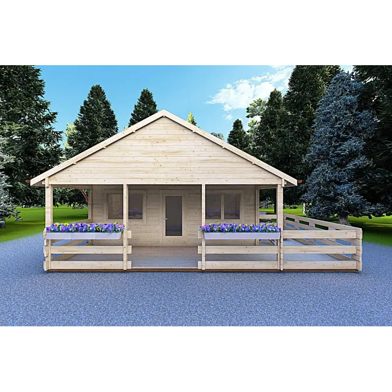 Chalet bois SMERALDA 6x6 avec mezzanine aménageable 14,35 m² et terrasse 17 m², 44mm, vue frontale