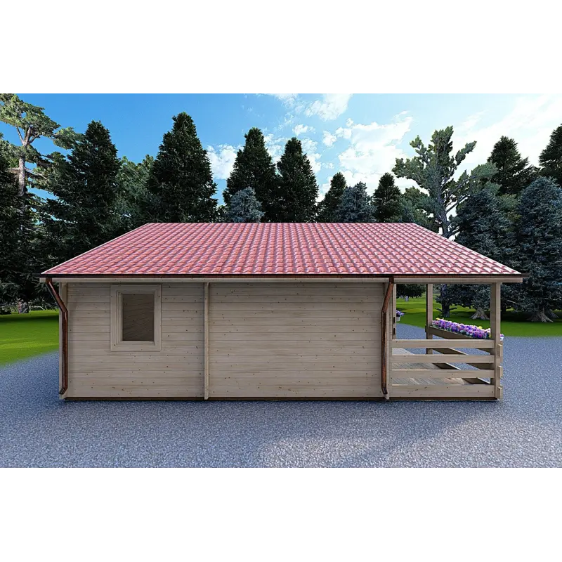 Chalet bois SMERALDA 6x6 avec mezzanine aménageable 14,35 m² et terrasse 17 m², 44mm, côté gauche