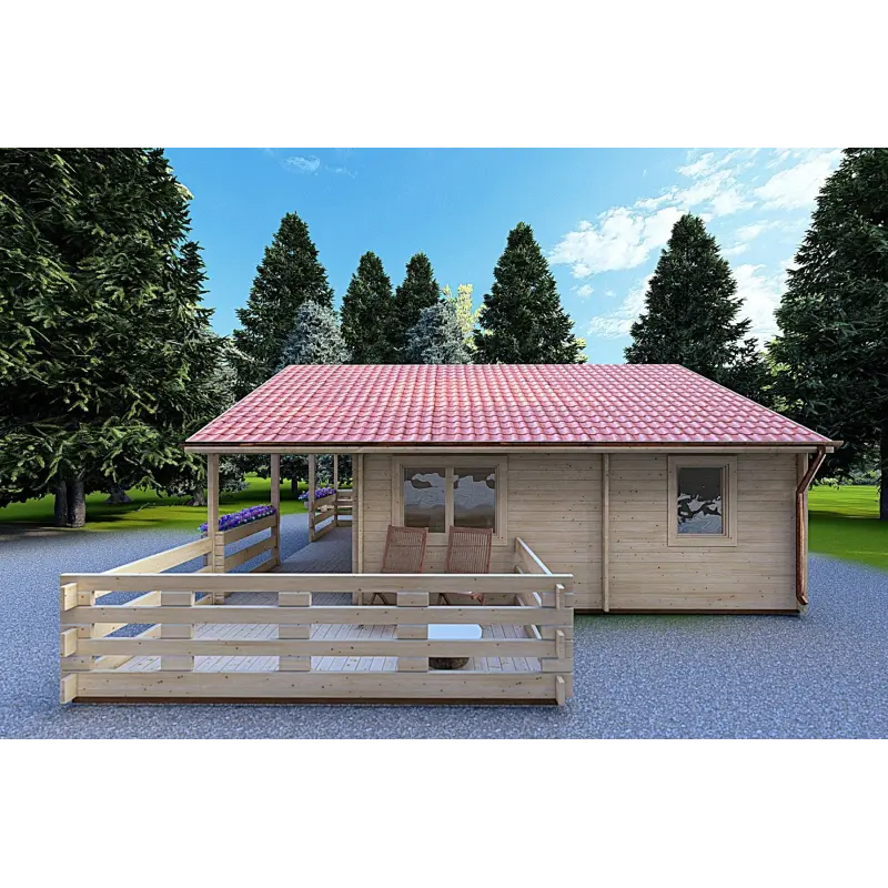 Chalet bois SMERALDA 6x6 avec mezzanine aménageable 14,35 m² et terrasse 17 m², 44mm, côté droit