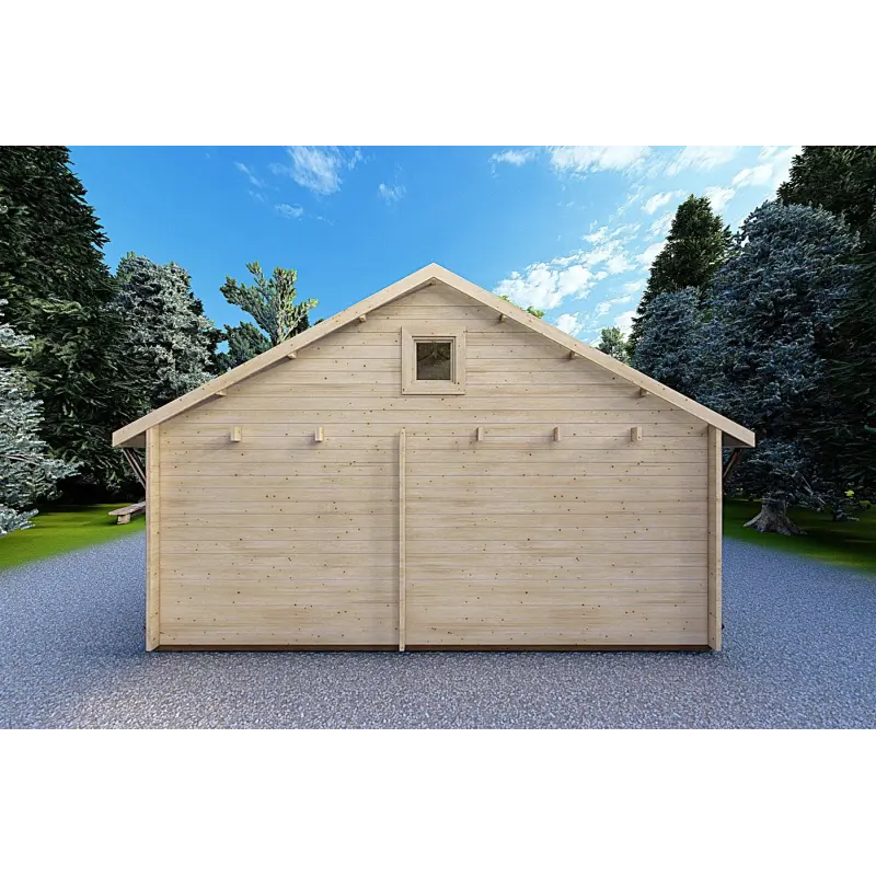 Chalet bois SMERALDA 6x6 avec mezzanine aménageable 14,35 m² et terrasse 17 m², 44mm, vue arrière