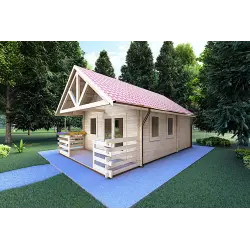 Véranda bois avec porche et mezzanine GAIA 33.30 m², 44mm, façade côté droit