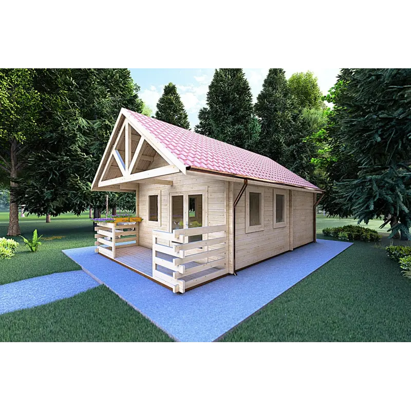 Véranda bois avec porche et mezzanine GAIA 33.30 m², 44mm, façade côté droit