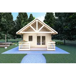 Véranda bois avec porche et mezzanine GAIA 33.30 m², 44mm, vue frontale