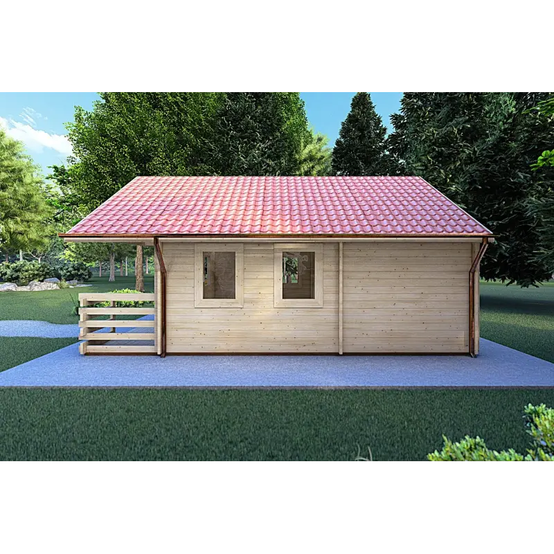 Véranda bois avec porche et mezzanine GAIA 33.30 m², 44mm, côté droit
