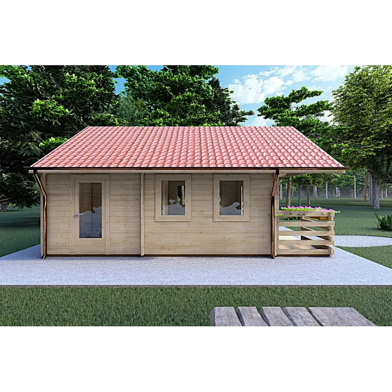 Véranda bois avec porche et mezzanine GAIA 33.30 m², 44mm, côté gauche