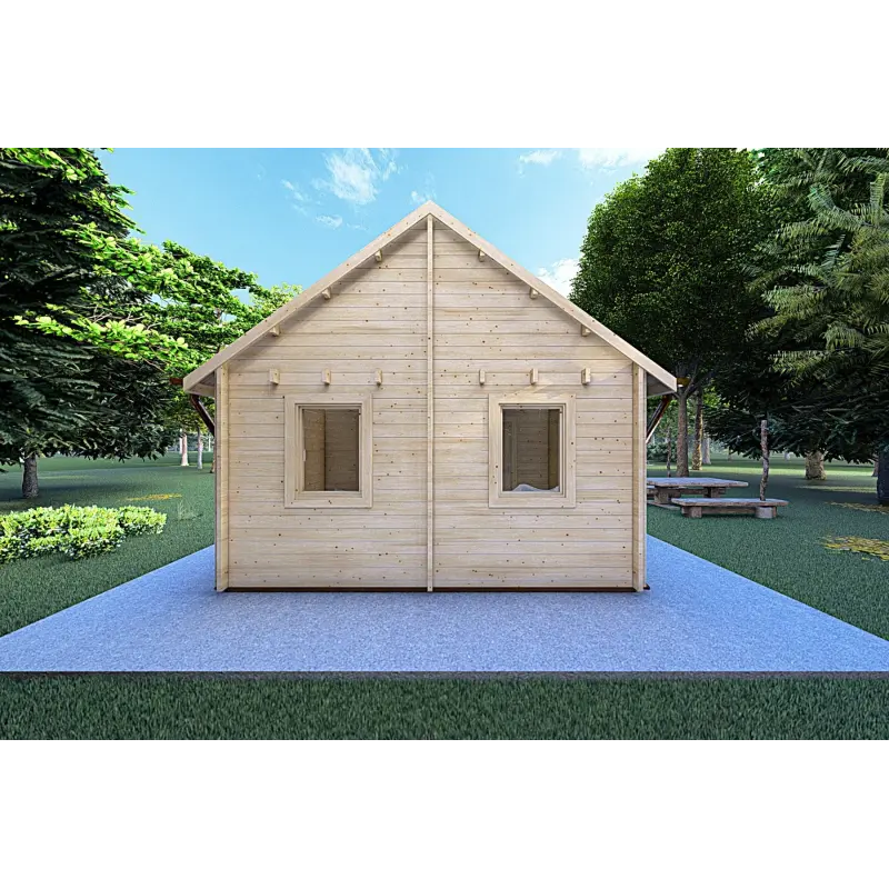 Véranda bois avec porche et mezzanine GAIA 33.30 m², 44mm, vue arrière