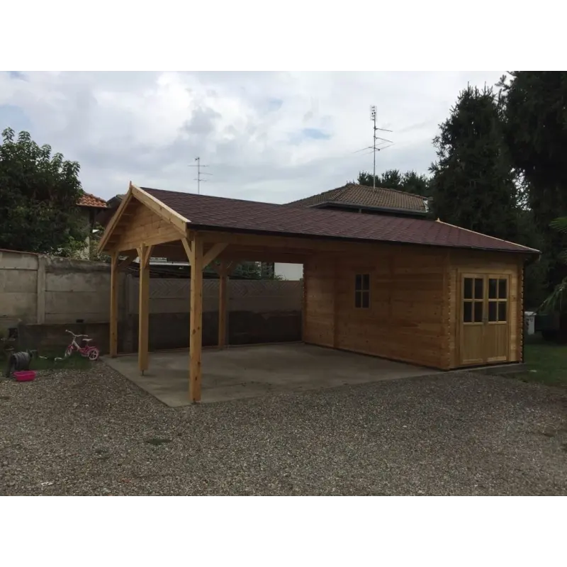 Abri voiture en bois DOUBLE avec remise 6x7, 44mm, façade côté droit – modèle réalisé