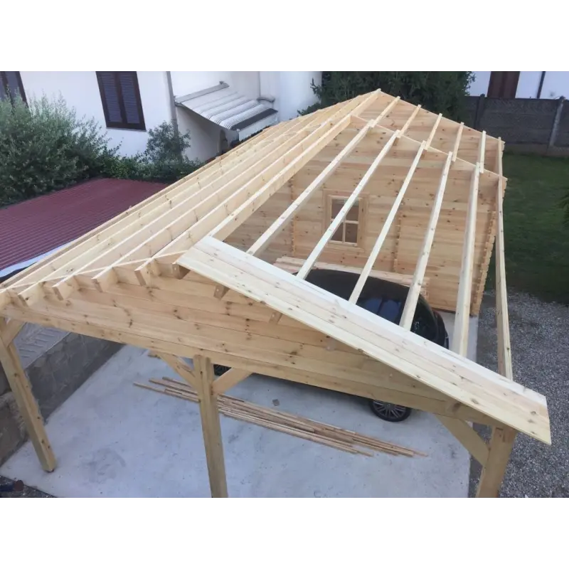 Abri voiture en bois DOUBLE avec remise 6x7, 44mm, vue intérieure du toit – modèle réalisé