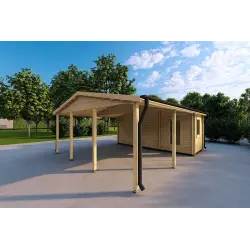 Abri voiture en bois DOUBLE avec remise 6x7, 44mm, façade côté droit