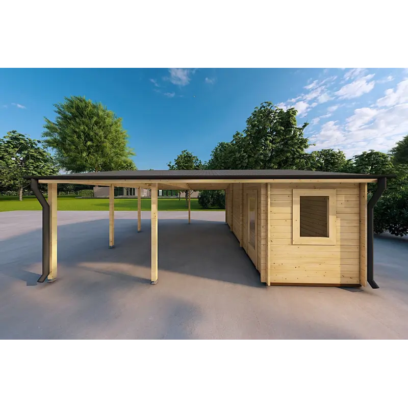 Abri voiture en bois DOUBLE avec remise 6x7, 44mm, côté droit
