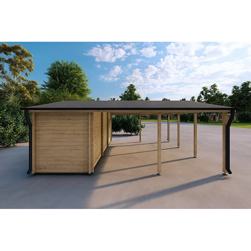 Abri voiture en bois DOUBLE avec remise 6x7, 44mm, côté gauche