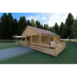 Maison en bois SMERALDA 6x6, 36 m² avec mezzanine accessible et terrasse 19 m², 44/100/44 mm, façade côté droit