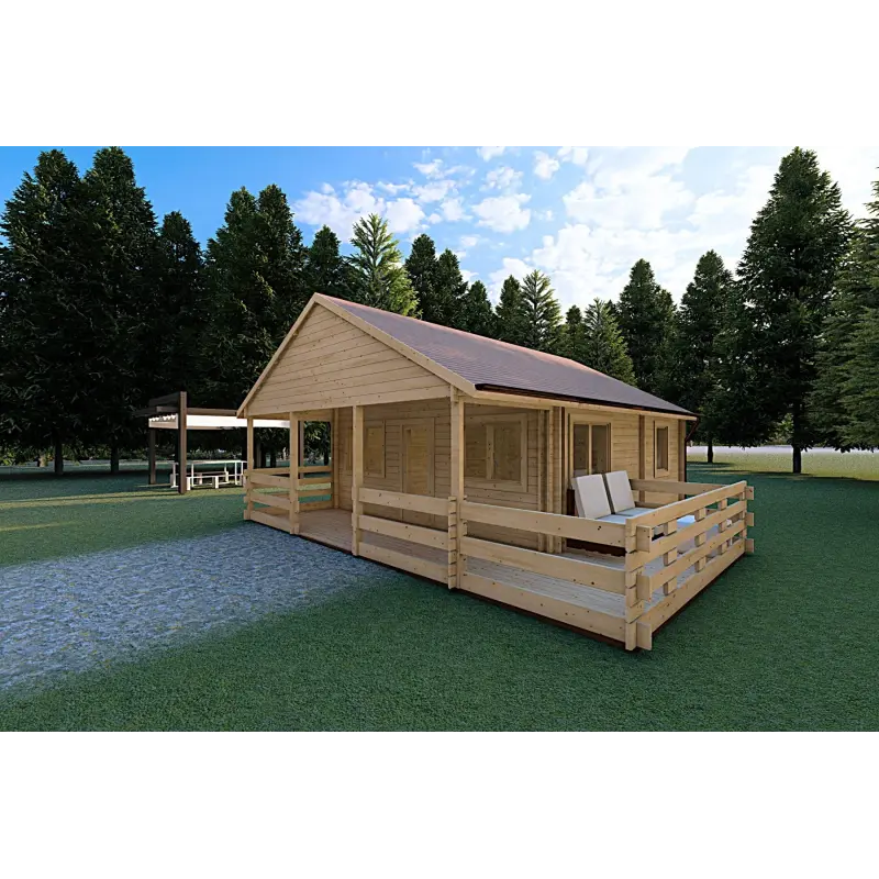 Maison en bois SMERALDA 6x6, 36 m² avec mezzanine accessible et terrasse 19 m², 44/100/44 mm, façade côté droit