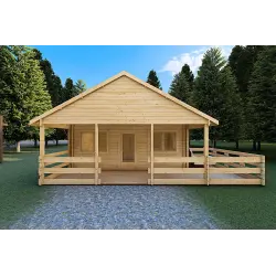 Maison en bois SMERALDA 6x6, 36 m² avec mezzanine accessible et terrasse 19 m², 44/100/44 mm, vue frontale