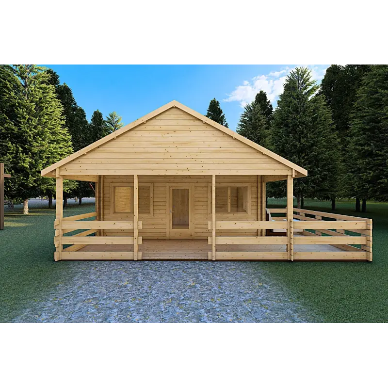 Maison en bois SMERALDA 6x6, 36 m² avec mezzanine accessible et terrasse 19 m², 44/100/44 mm, vue frontale