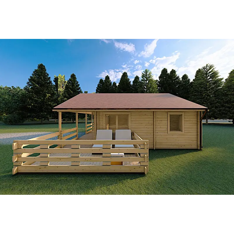 Maison en bois SMERALDA 6x6, 36 m² avec mezzanine accessible et terrasse 19 m², 44/100/44 mm, côté droit
