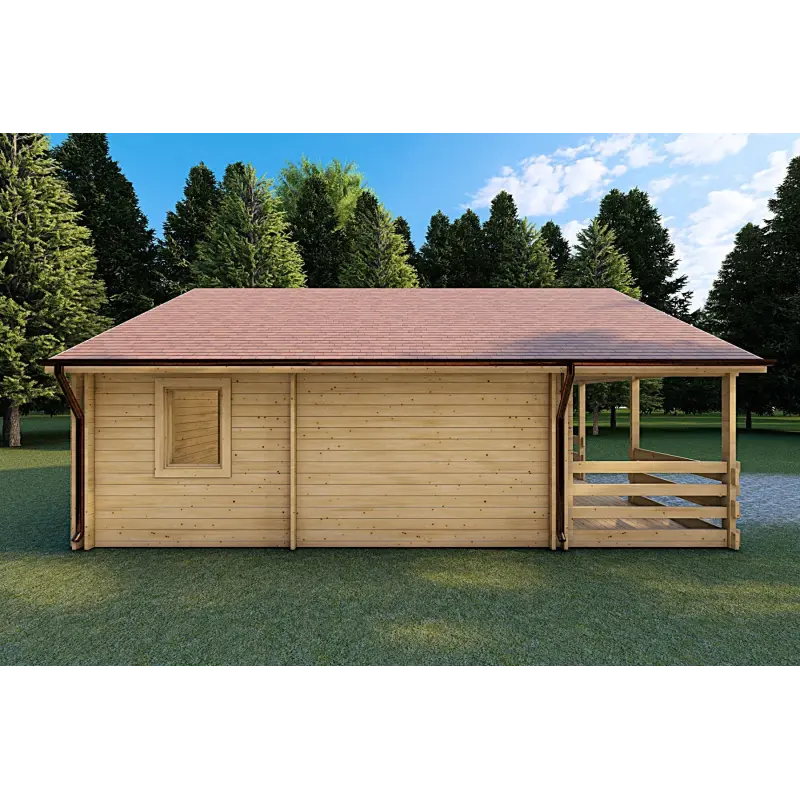 Maison en bois SMERALDA 6x6, 36 m² avec mezzanine accessible et terrasse 19 m², 44/100/44 mm, côté gauche
