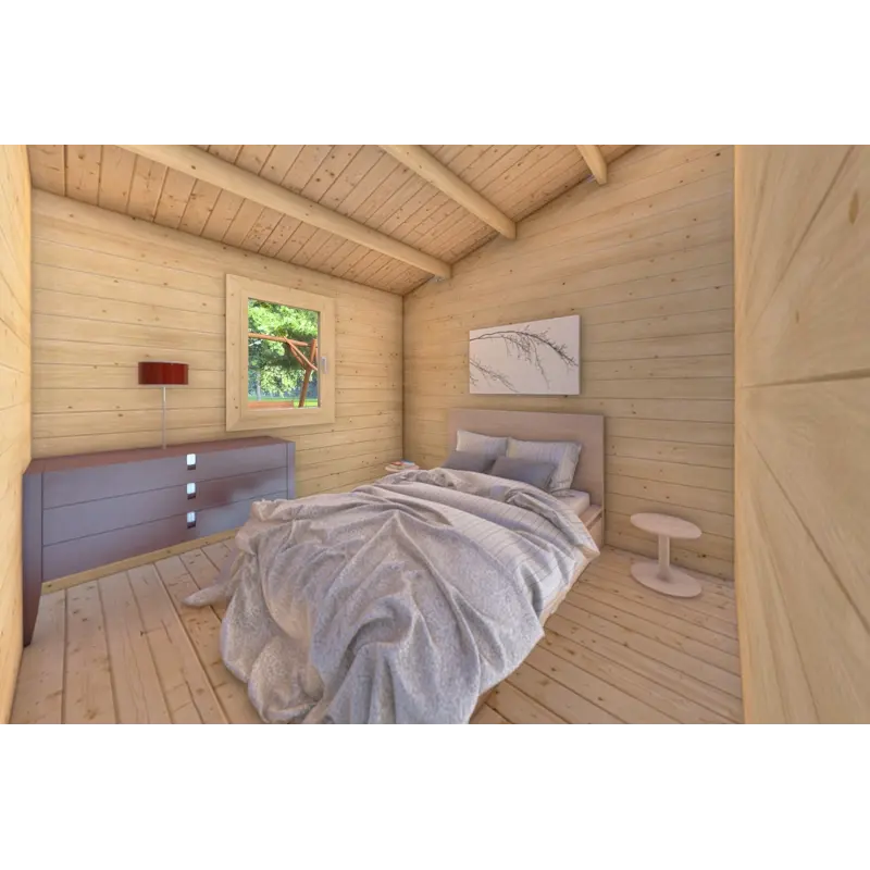 Maison en bois isolée IRMA 6x6, 44/100/44 mm, intérieur chambre principale