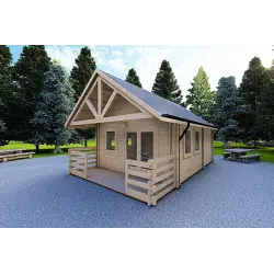 Maison en bois isolée avec mezzanine et terrasse GAIA 33.30 m², 44/100/44 mm, façade côté droit