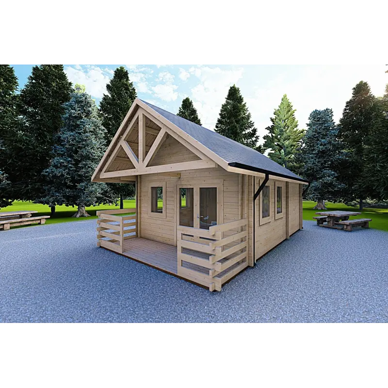 Maison en bois isolée avec mezzanine et terrasse GAIA 33.30 m², 44/100/44 mm, façade côté droit