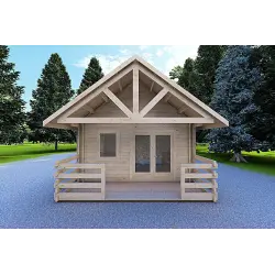 Maison en bois isolée avec mezzanine et terrasse GAIA 33.30 m², 44/100/44 mm, vue frontale