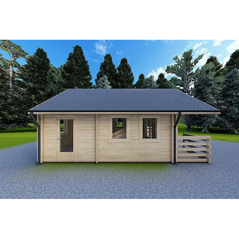Maison en bois isolée avec mezzanine et terrasse GAIA 33.30 m², 44/100/44 mm, côté gauche