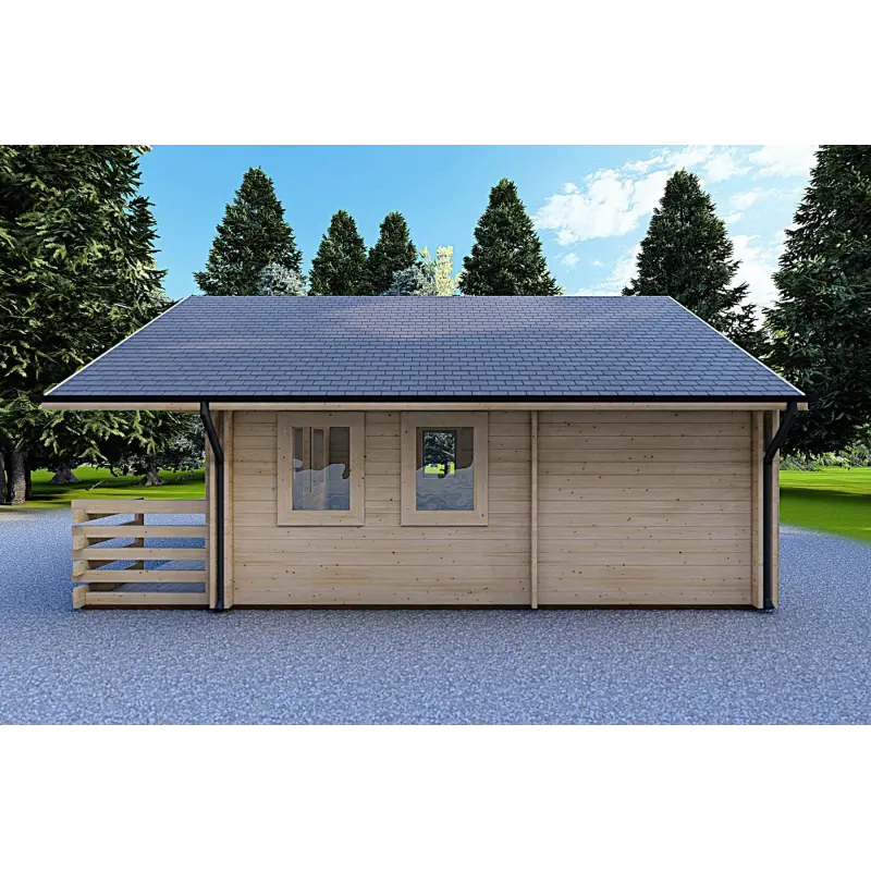 Maison en bois isolée avec mezzanine et terrasse GAIA 33.30 m², 44/100/44 mm, côté droit
