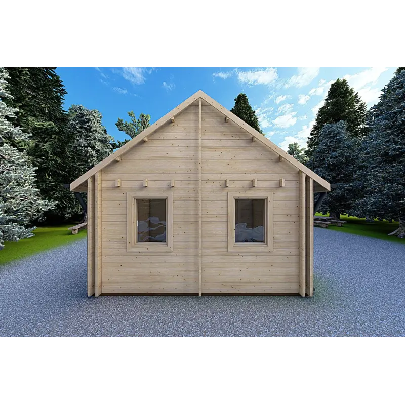 Maison en bois isolée avec mezzanine et terrasse GAIA 33.30 m², 44/100/44 mm, vue arrière