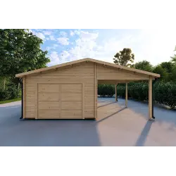 Garage en bois SIMPLE avec auvent 3x6, 44mm, vue frontale