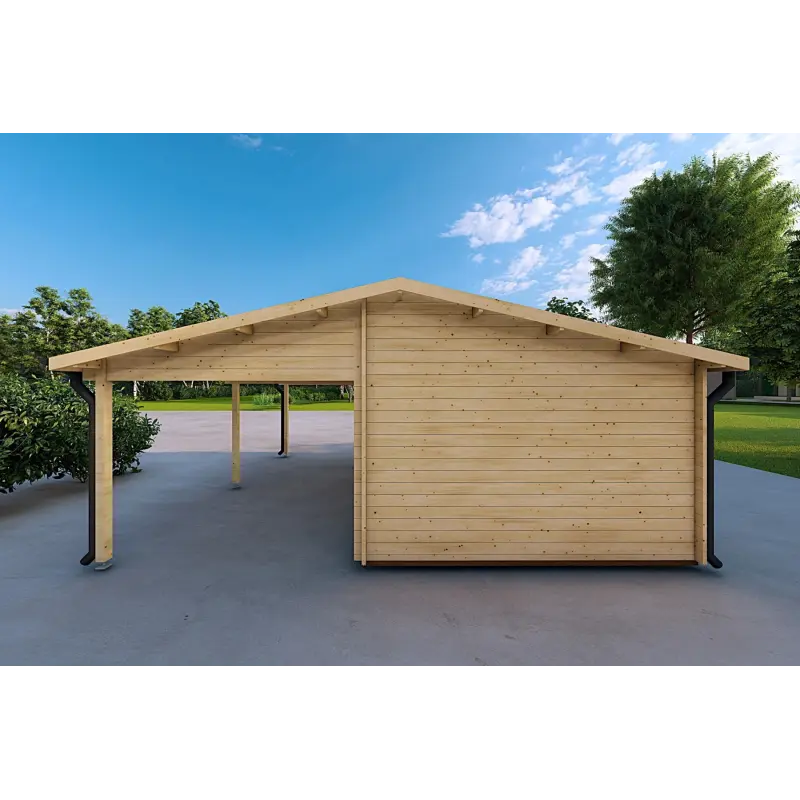 Garage en bois SIMPLE avec auvent 3x6, 44mm, vue arrière