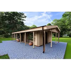 Maison habitable en bois OLIMPIA de plain-pied, 84 m², 44/140/44 mm, façade côté droit