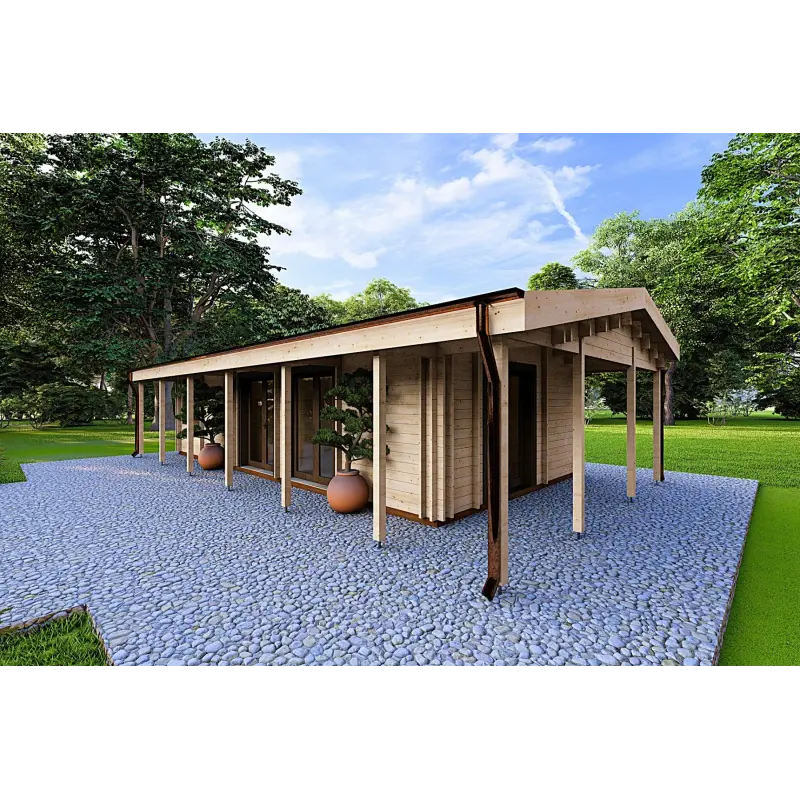 Maison habitable en bois OLIMPIA de plain-pied, 84 m², 44/140/44 mm, façade côté droit