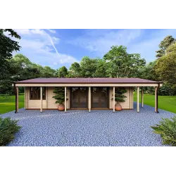 Maison habitable en bois OLIMPIA de plain-pied, 84 m², 44/140/44 mm, vue frontale
