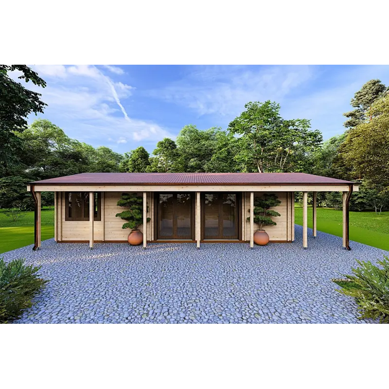 Maison habitable en bois OLIMPIA de plain-pied, 84 m², 44/140/44 mm, vue frontale