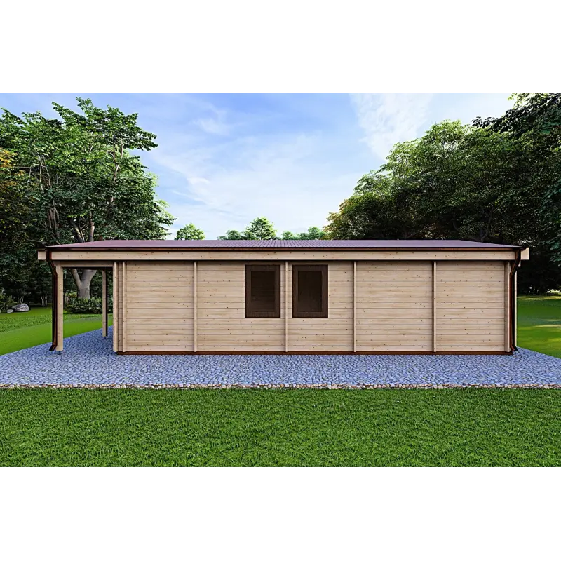 Maison habitable en bois OLIMPIA de plain-pied, 84 m², 44/140/44 mm, vue arrière