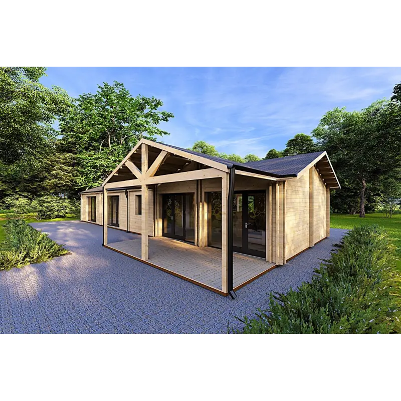 Chalet en bois habitable​ avec toit incliné ISOTTA 125 m², 44/140/44 mm, façade côté droit