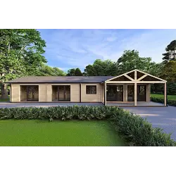 Chalet en bois habitable​ avec toit incliné ISOTTA 125 m², 44/140/44 mm, vue frontale