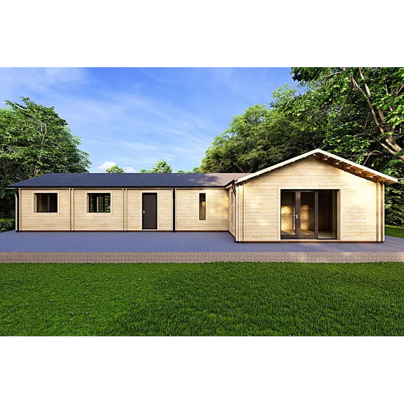 Chalet en bois habitable​ avec toit incliné ISOTTA 125 m², 44/140/44 mm, vue arrière