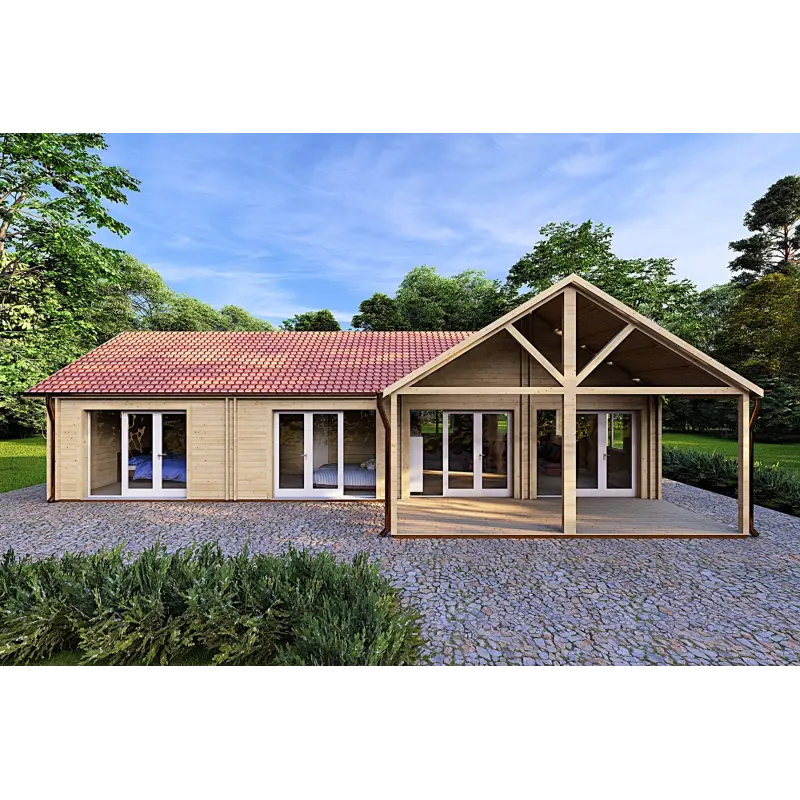 Maison habitable en bois AGNESE 95 m², 44/140/44 mm, vue frontale