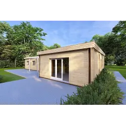 Maison préfabriquée en bois toit plat CAMELIA 125 m², 44/140/44 mm, façade côté droit