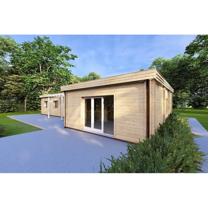 Maison préfabriquée en bois toit plat CAMELIA 125 m², 44/140/44 mm, façade côté droit