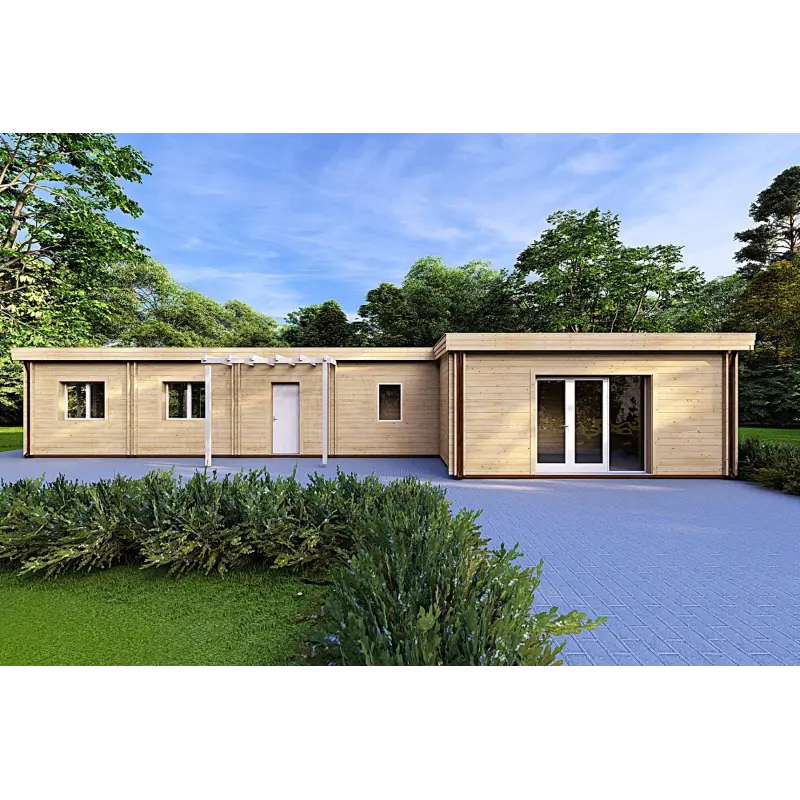 Maison préfabriquée en bois toit plat CAMELIA 125 m², 44/140/44 mm, vue frontale