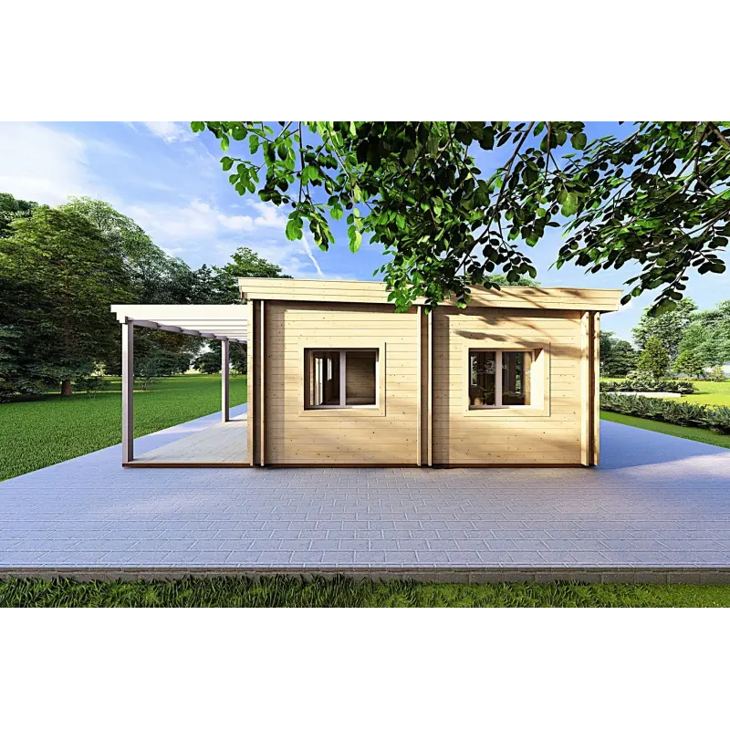 Maison préfabriquée en bois toit plat CAMELIA 125 m², 44/140/44 mm, côté droit