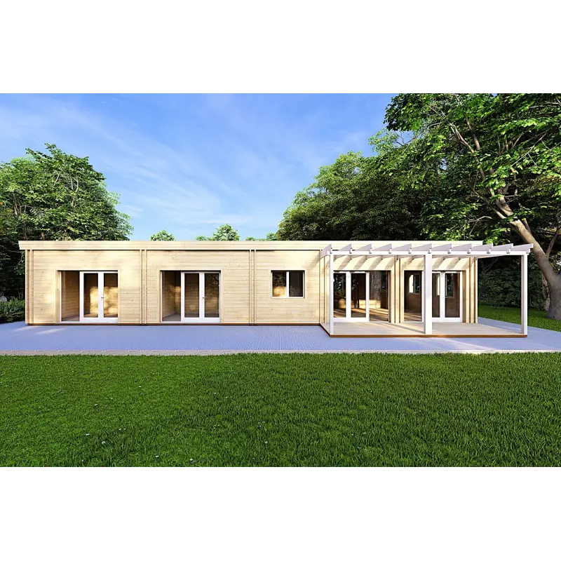 Maison préfabriquée en bois toit plat CAMELIA 125 m², 44/140/44 mm, vue arrière