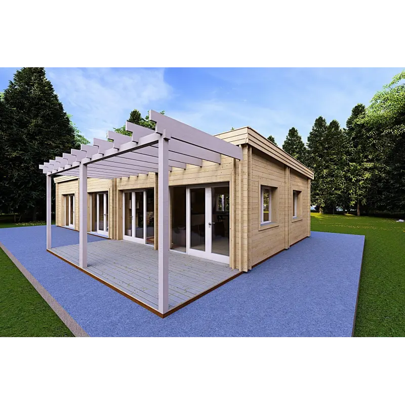 Maison habitable en bois lumineuse DAFNE 95 m², 44/140/44 mm, façade côté droit