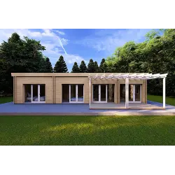 Maison habitable en bois lumineuse DAFNE 95 m², 44/140/44 mm, vue frontale