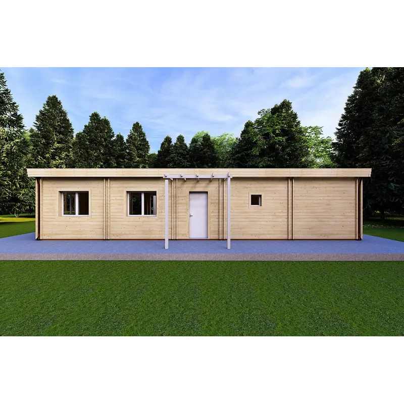 Maison habitable en bois lumineuse DAFNE 95 m², 44/140/44 mm, vue arrière